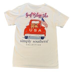 Simply Southern White Short Sleeve Tee with Red Truck & Dogs “God Bless The USA”